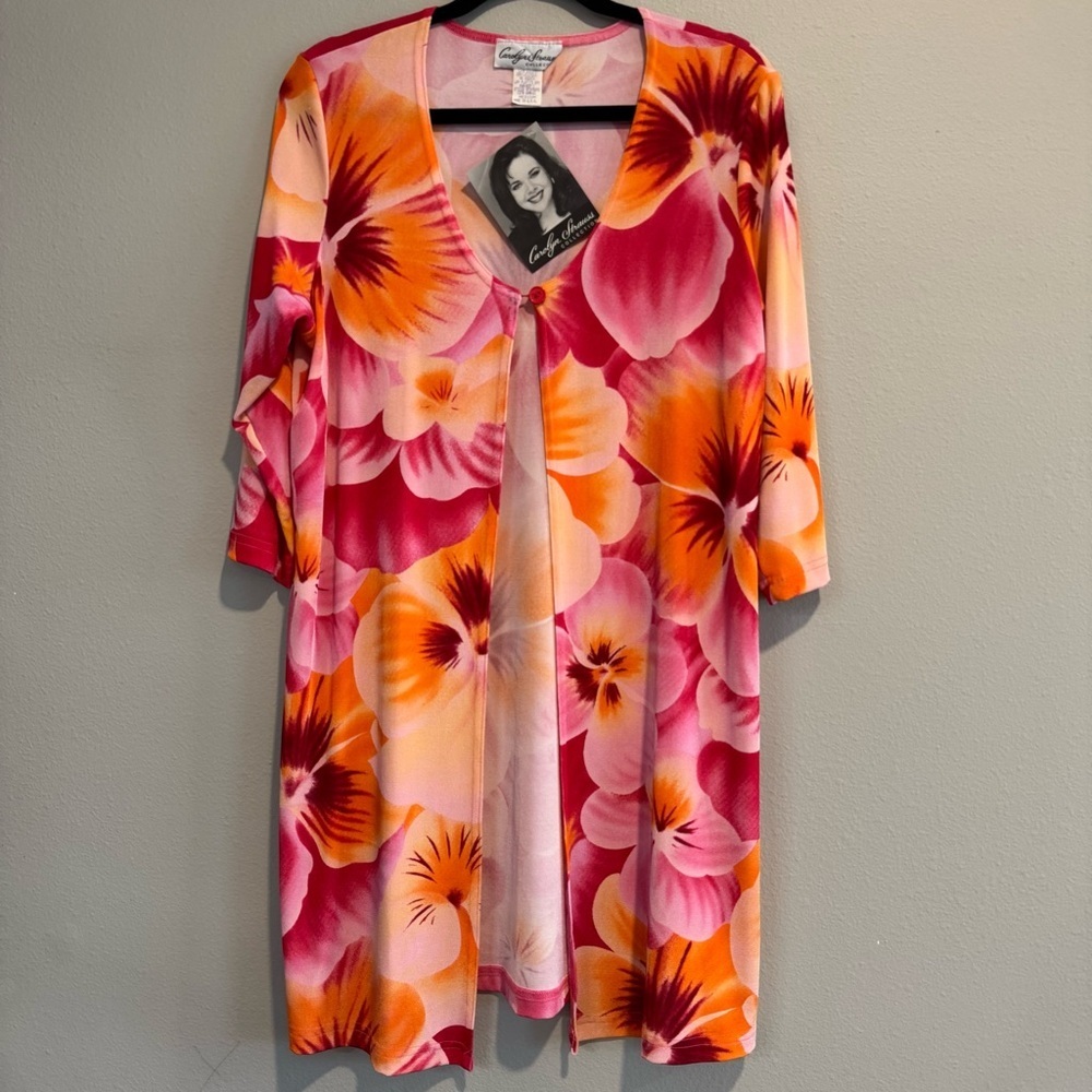Carolyn Strauss Floral Cardigan Tropical Stretch Knit M